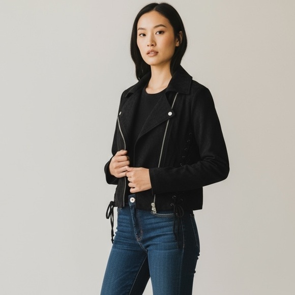 Olivaceous MOTO Jacket in True Black Biker Crop Faux Suede Lace Up Tie Zipper - Picture 2 of 16